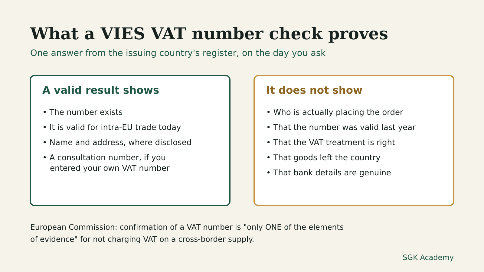 Diagram comparing what a valid VIES VAT number check shows (the number exists, is valid for intra-EU trade today, name and address where disclosed, a consultation number) with what it does not show (who places the order, past validity, correct VAT treatment, goods leaving the country, genuine bank details).