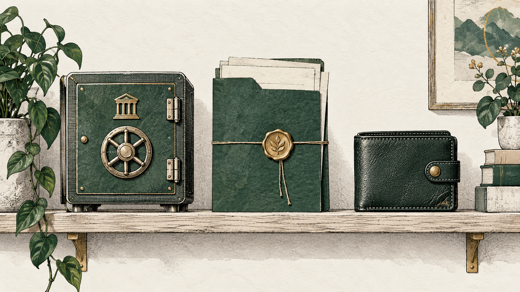 A bank vault, sealed document folder and wallet represent different ways to hold money.