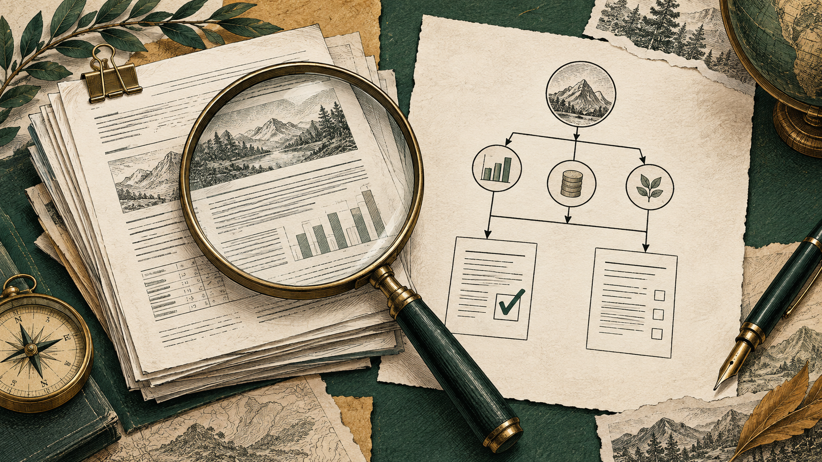 A magnifying glass examines source documents beside a research checklist.