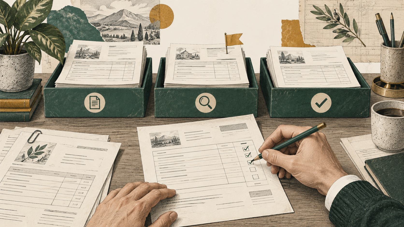 A person checks invoices beside three document review trays.