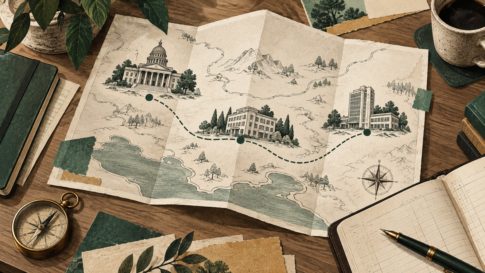 A folded map connects three company buildings and a business ledger.