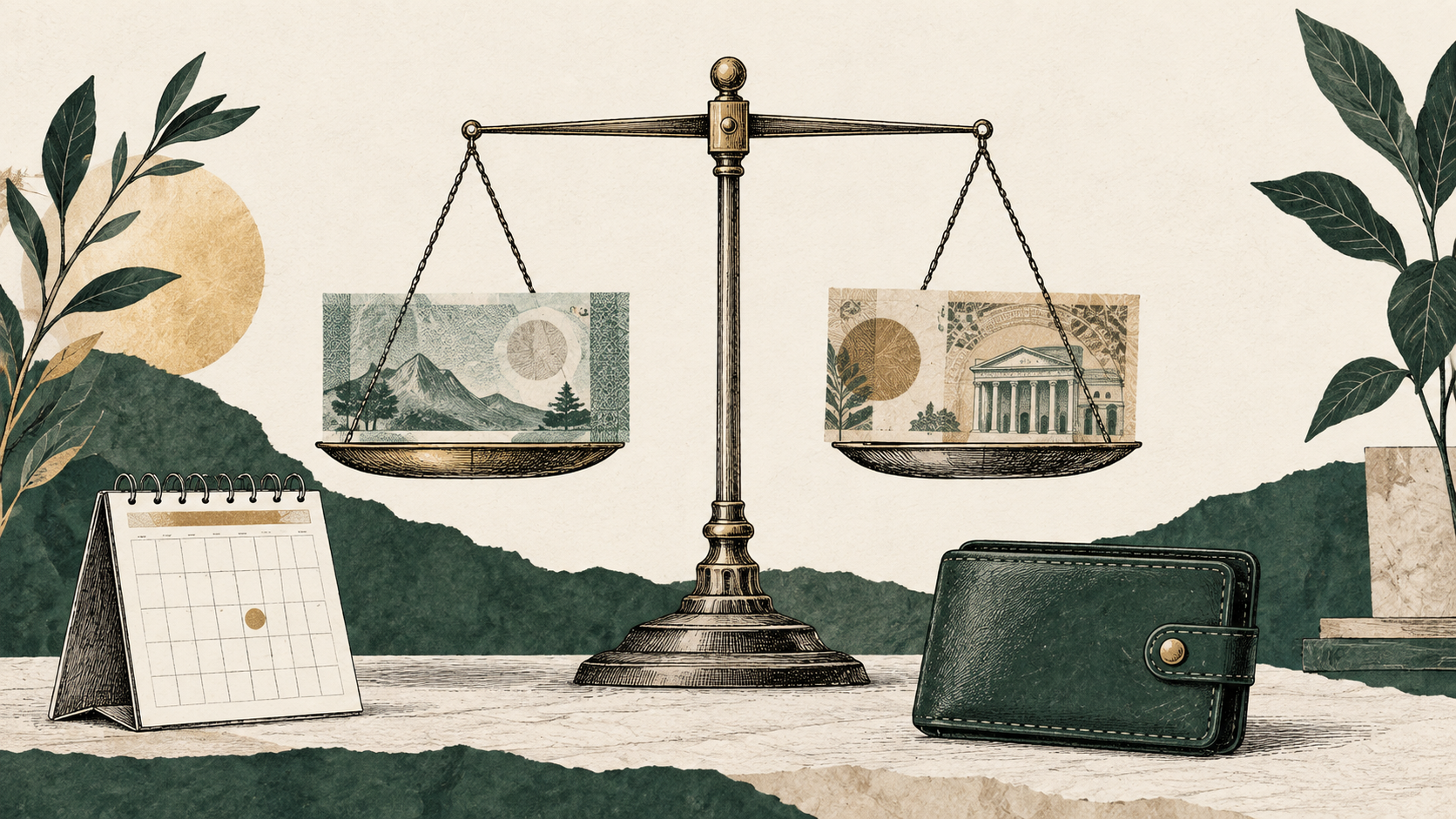 A balance scale weighs two illustrated currencies above a calendar and wallet.