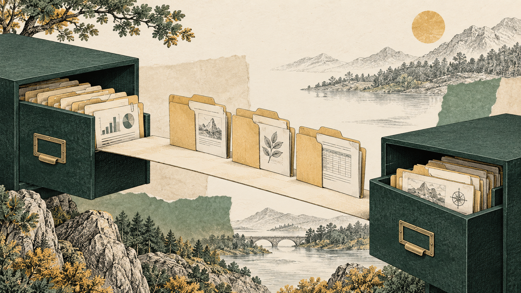 Document folders cross a bridge between two filing cabinets.