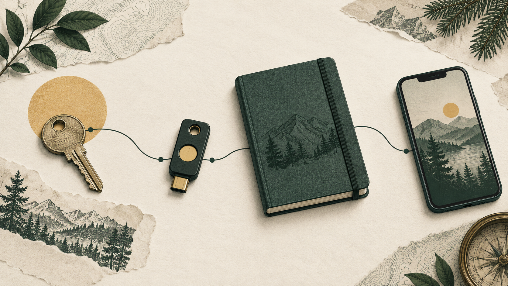 A security key, recovery notebook and phone form an account recovery plan.