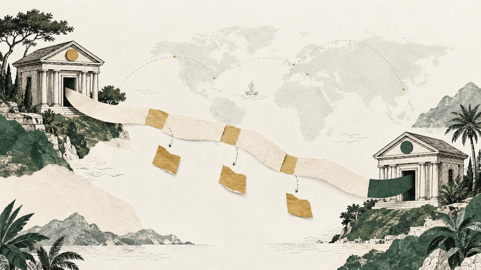 A paper route between two banks loses small pieces along the journey.