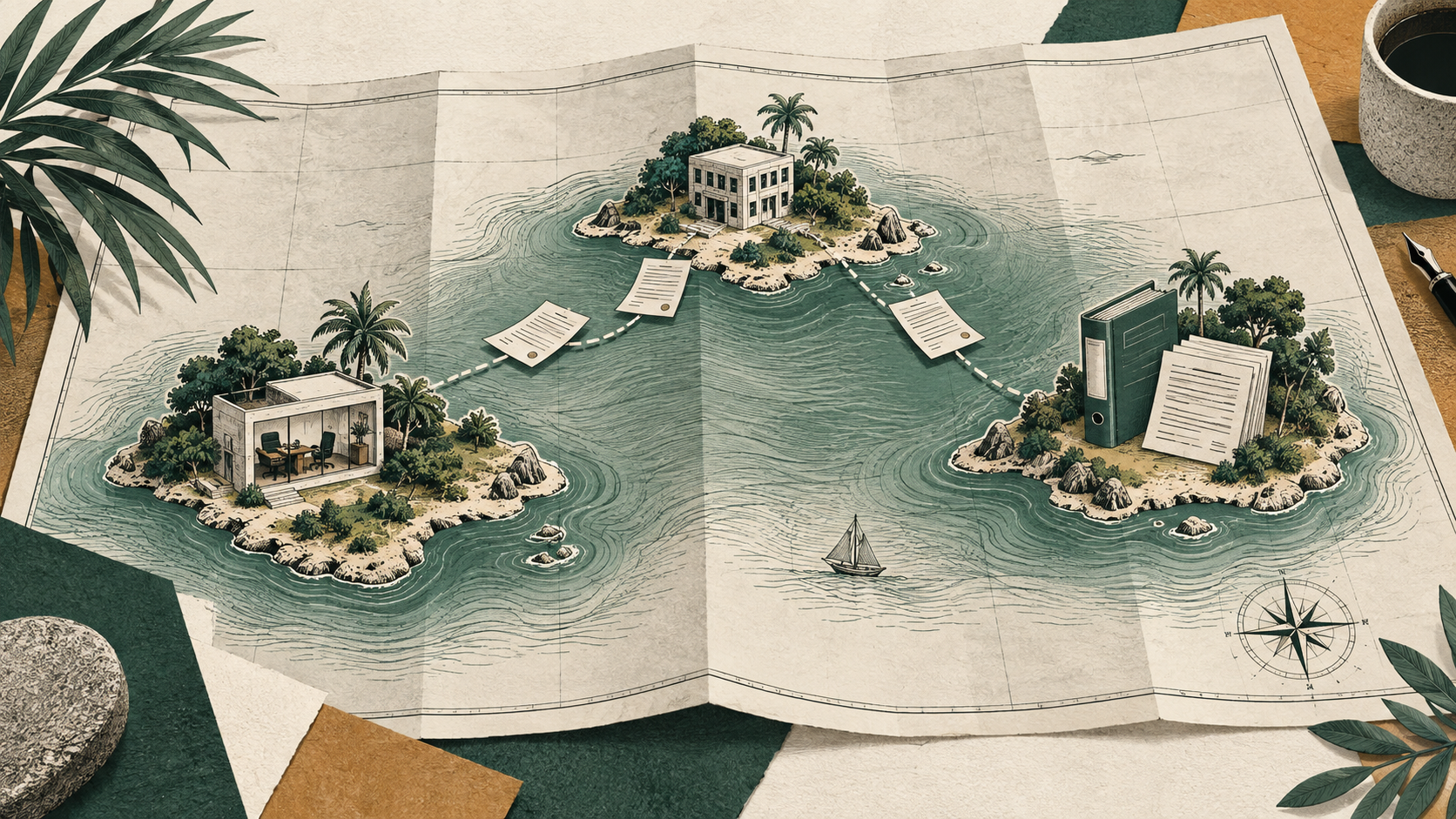 Three small offices connected by documents across an illustrated map.