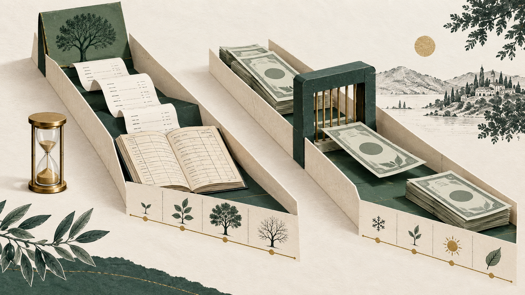 Separate paper channels carry receipts and cash through different gates.