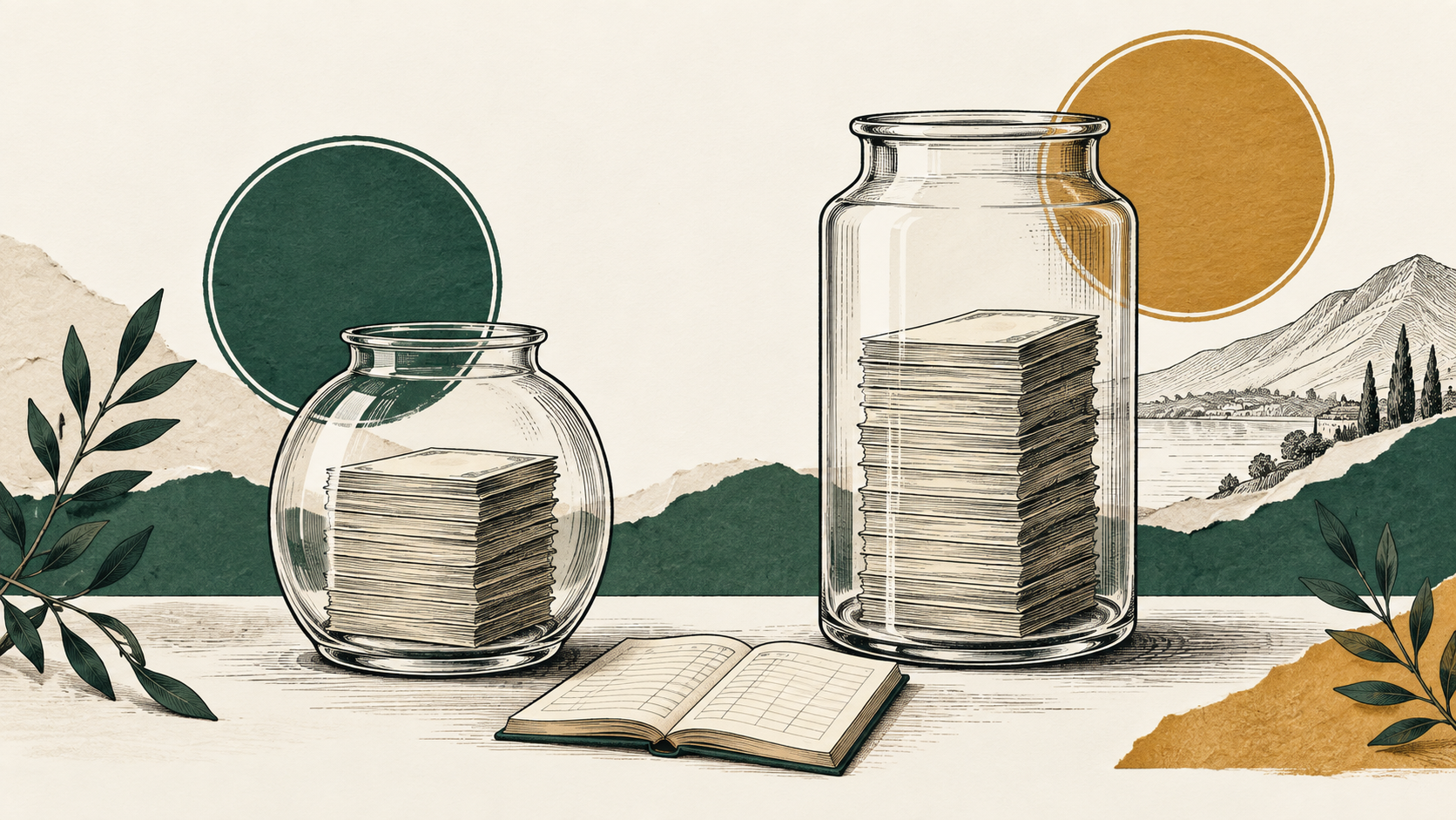 Two glass vessels holding layered paper reserves beside a ledger.