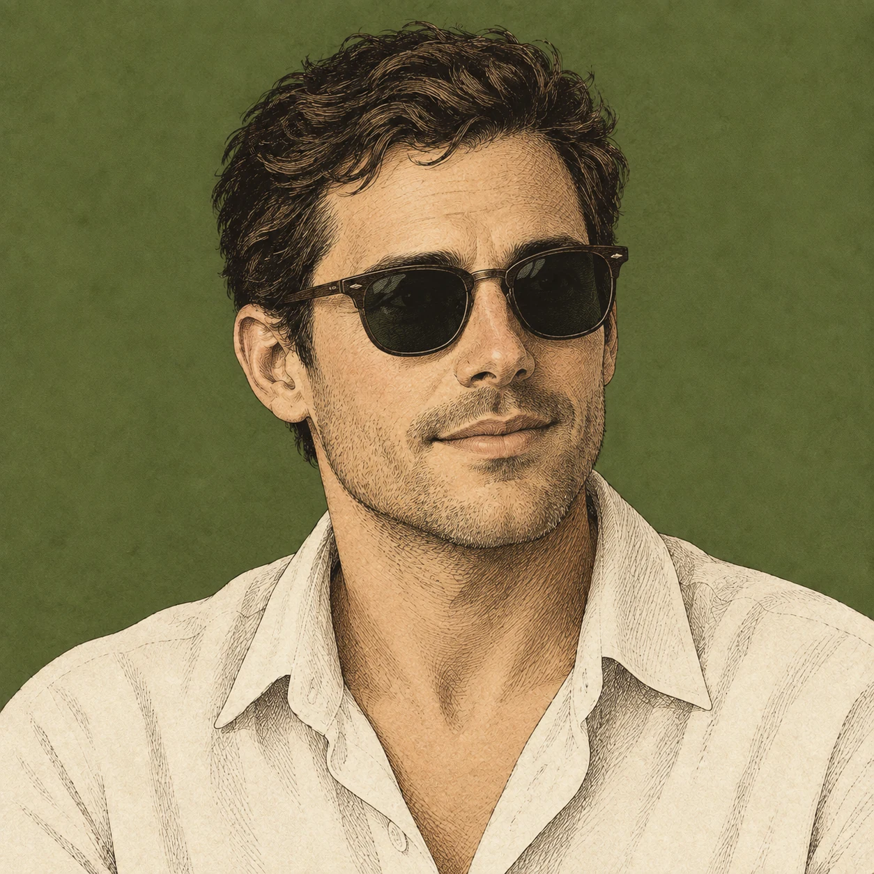 Illustrated portrait of Alex Rowan wearing dark sunglasses.